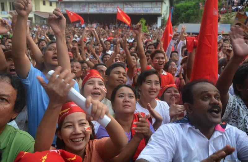 Crowds celebrate the NLD wins in the streets of Rangoon