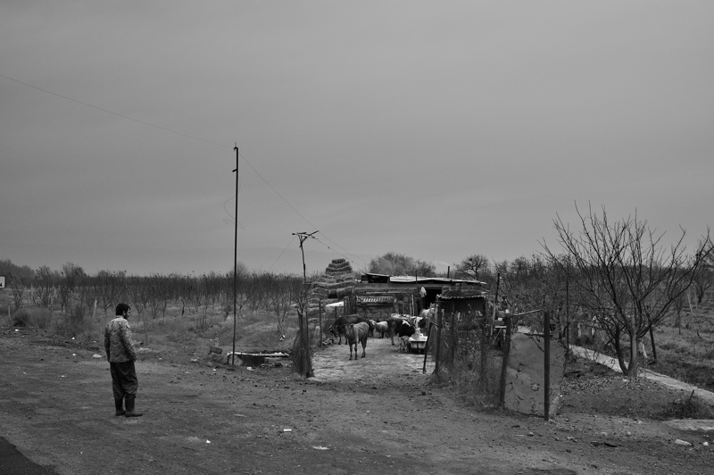 A farmer looks back onto his farm on the side of the highway outside Vagharshapat